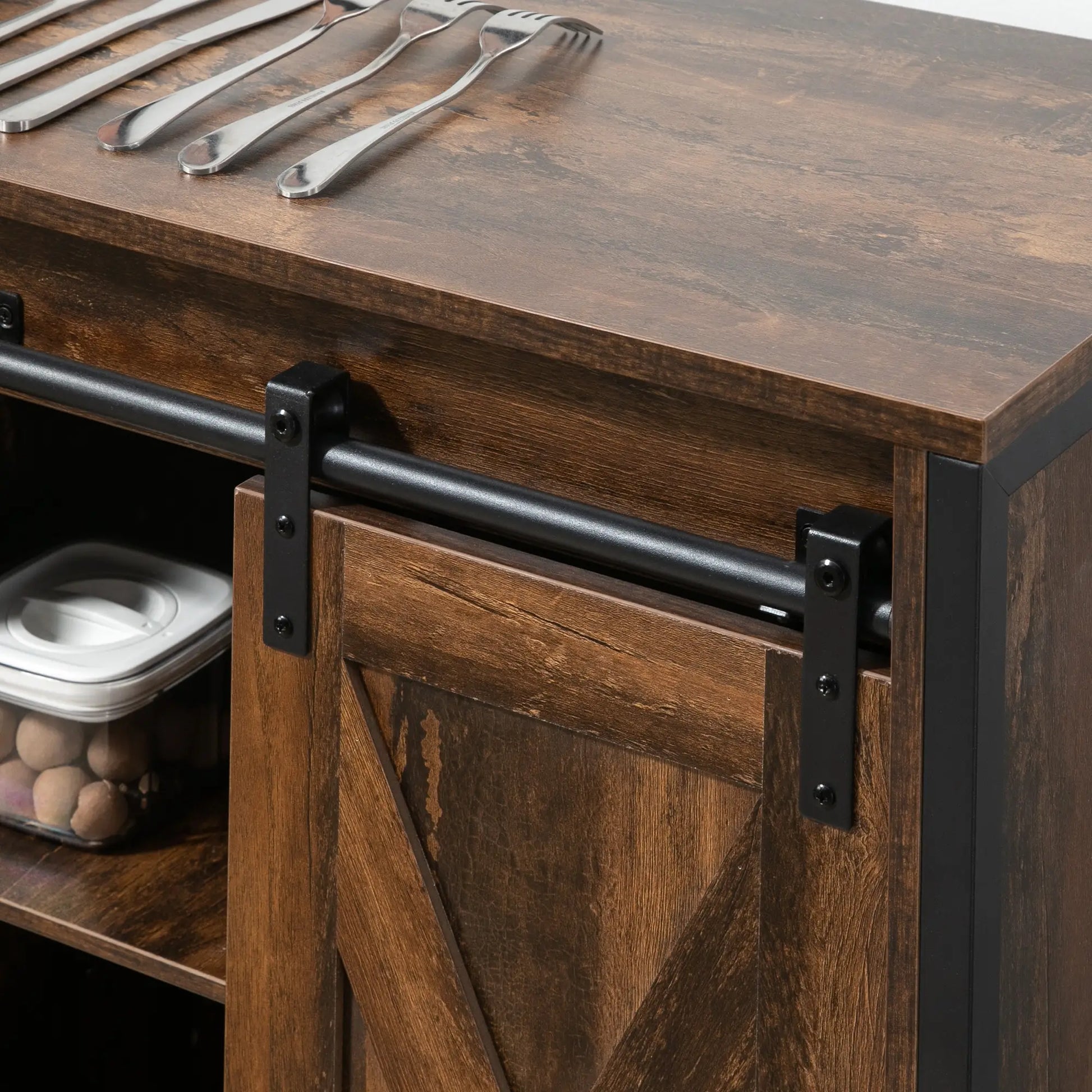 Industrial Sideboard, Buffet Cabinet with Sliding Barn Doors, Rustic Brown, Brown Bar Cabinets at Gallery Canada
