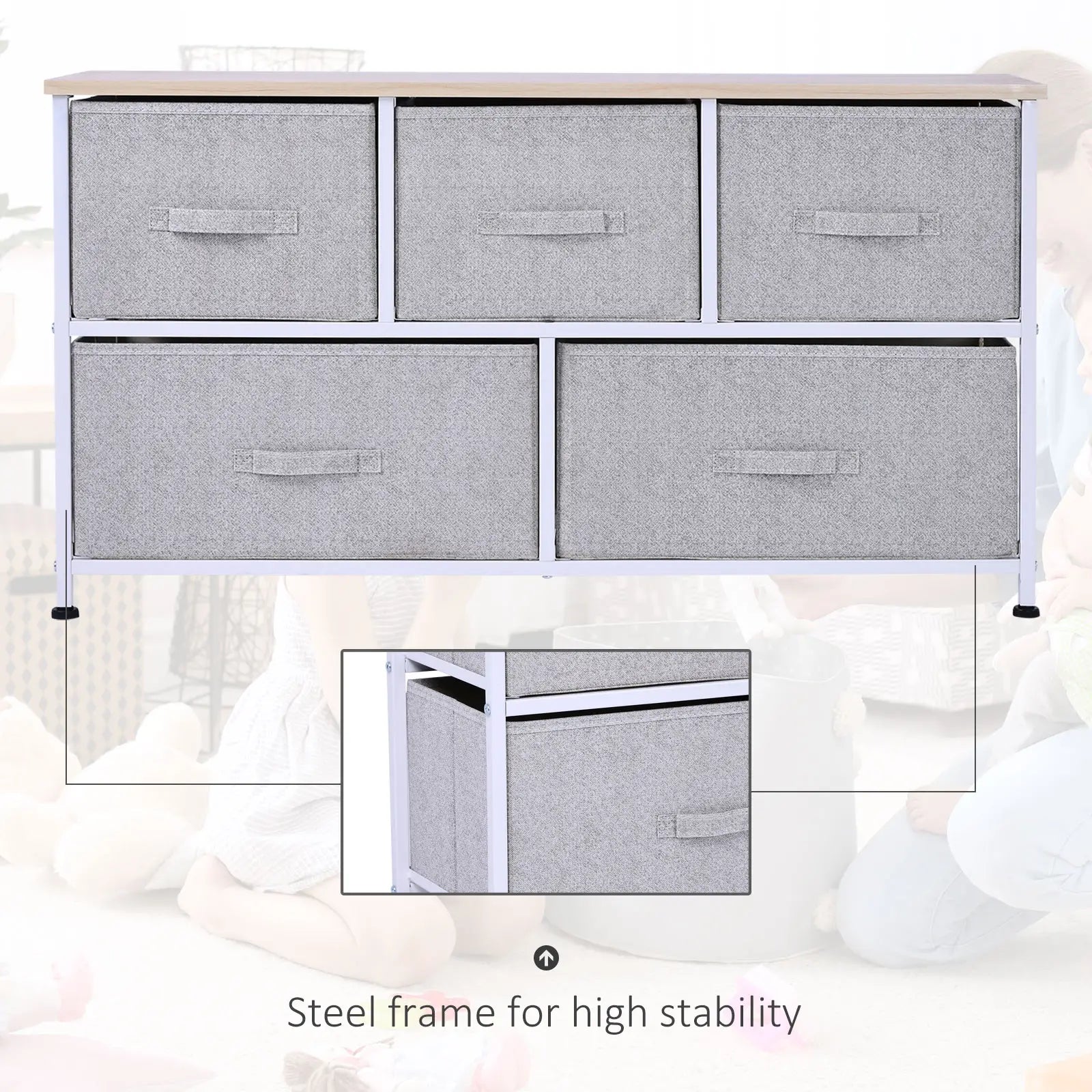 Linen Drawer Cabinet, 5 Removable Drawers, Metal Frame, Adjustable Feet, Grey Storage Cabinets at Gallery Canada