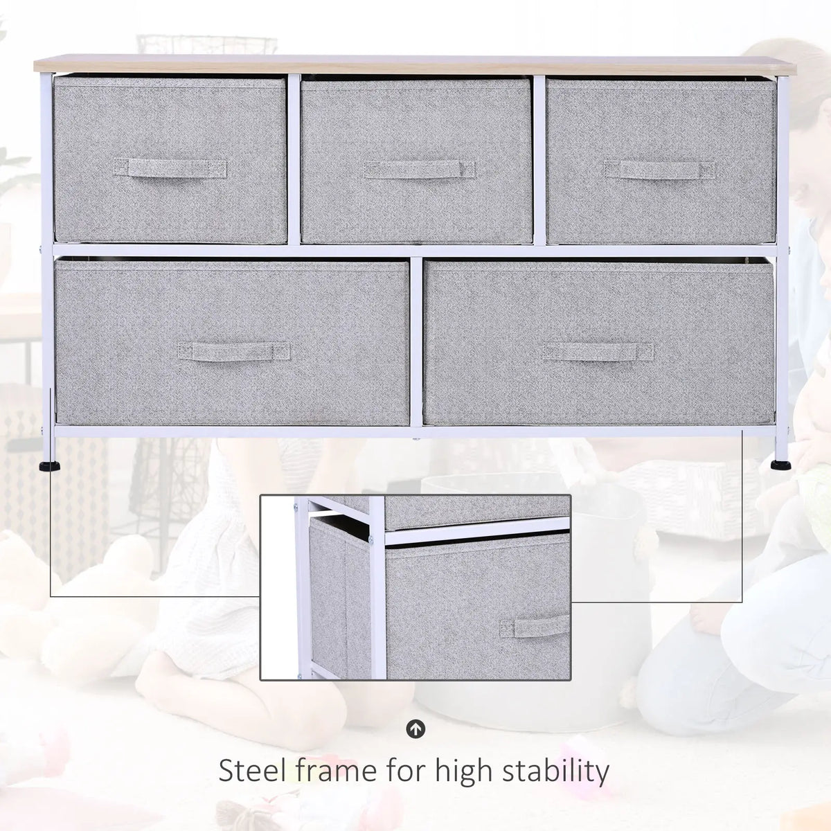 Linen Drawer Cabinet, 5 Removable Drawers, Metal Frame, Adjustable Feet, Grey Storage Cabinets at Gallery Canada