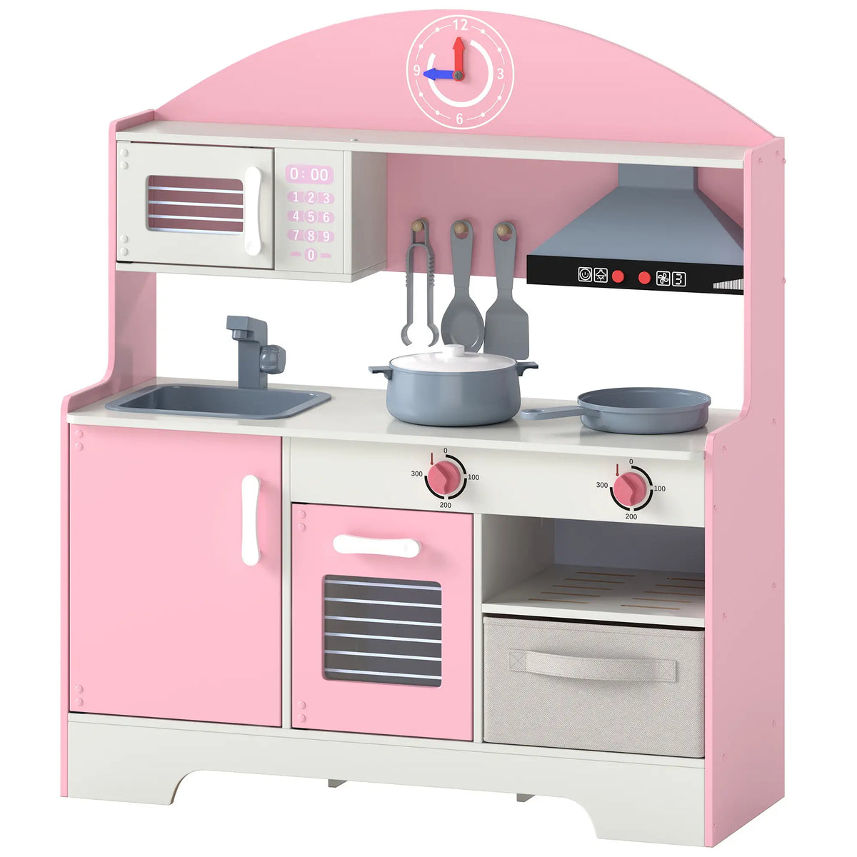 Kids Wooden Play Kitchen Set, Lights Sounds, 5pcs, Ages 3-6, Pink