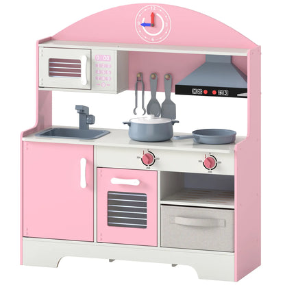 Kids Wooden Play Kitchen Set, Lights Sounds, 5pcs, Ages 3-6, Pink