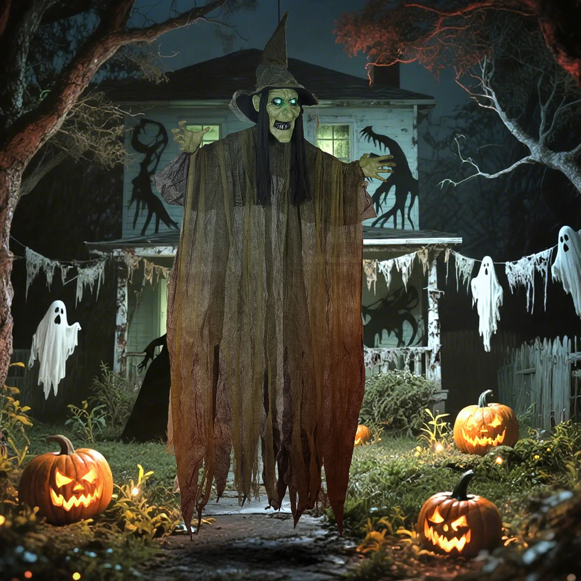 Animatronics Hanging Witch, Voice Activated, Flashing Eyes, Green Halloween Decorations at Gallery Canada