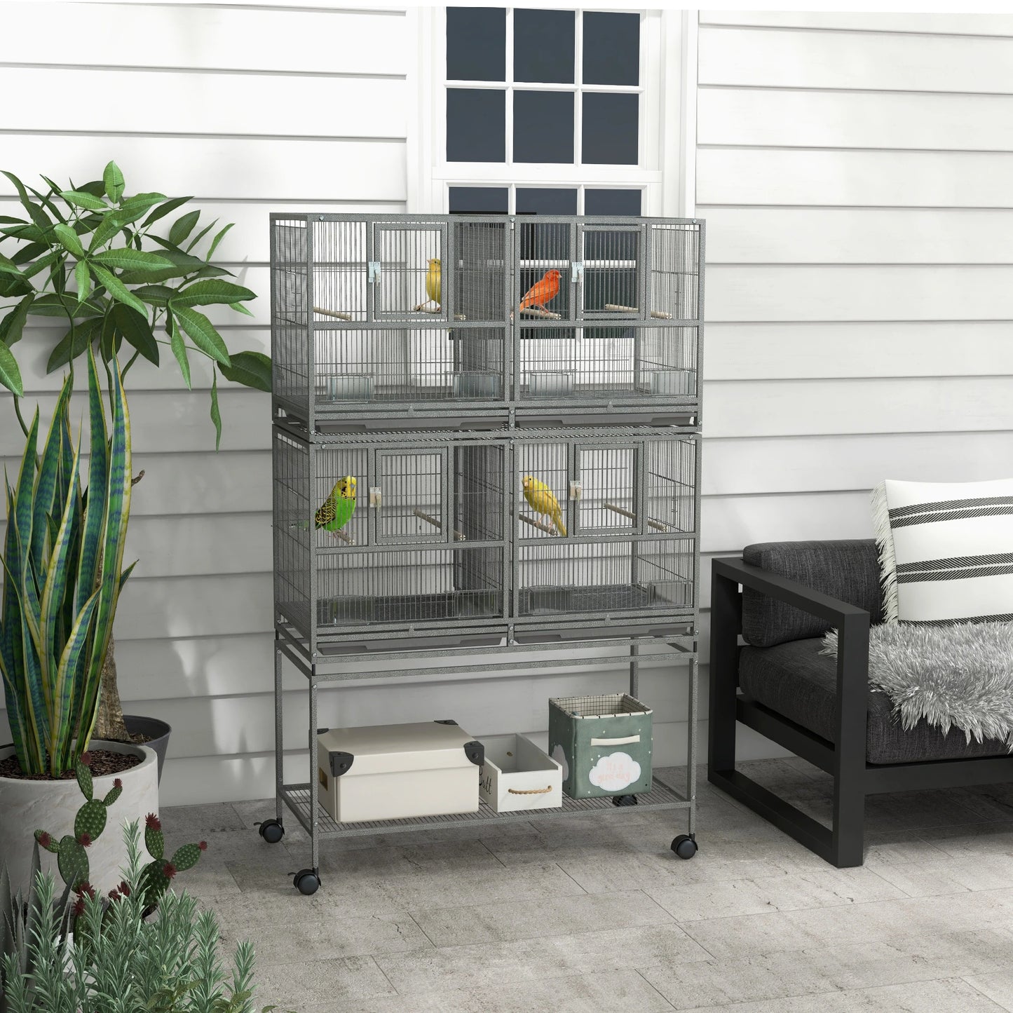 61"H Divided Breeder Bird Cage, Rolling Stand, Removable Tray, Dark Grey Bird Cages at Gallery Canada