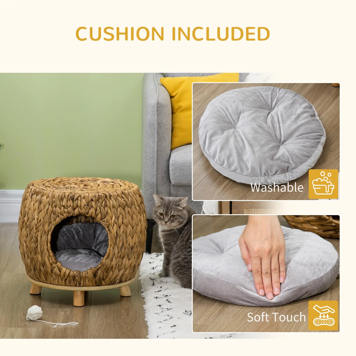 Wicker Cat Bed, Washable Cushion, Rattan Kitten Bed, Light Brown Cat Houses at Gallery Canada