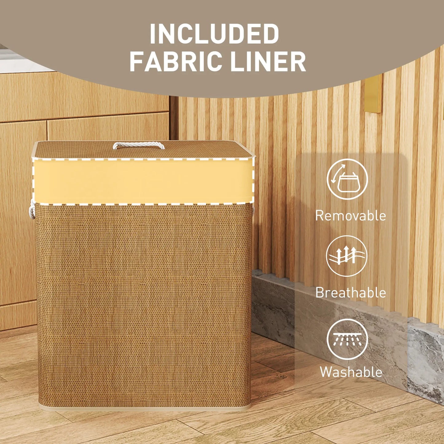 Double Laundry Basket with Lid, 100L Bamboo Hamper, Removable Bags, Brown Clothing Storage at Gallery Canada