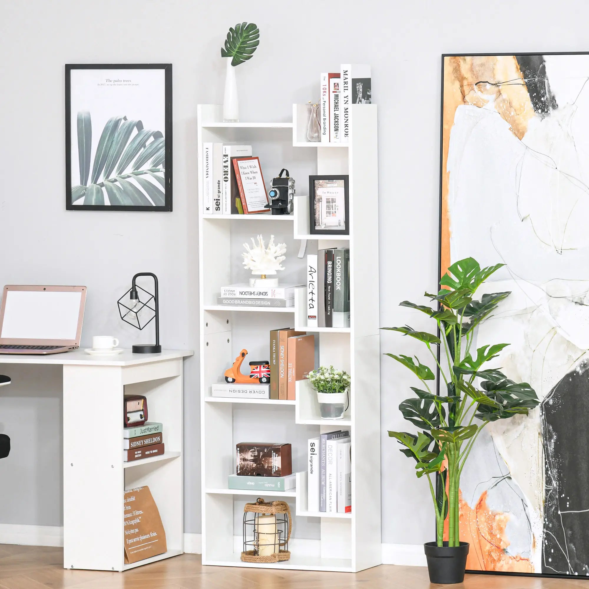 6-Tier Tall Bookcase, Modern Storage Bookshelf, White Display Bookshelves at Gallery Canada