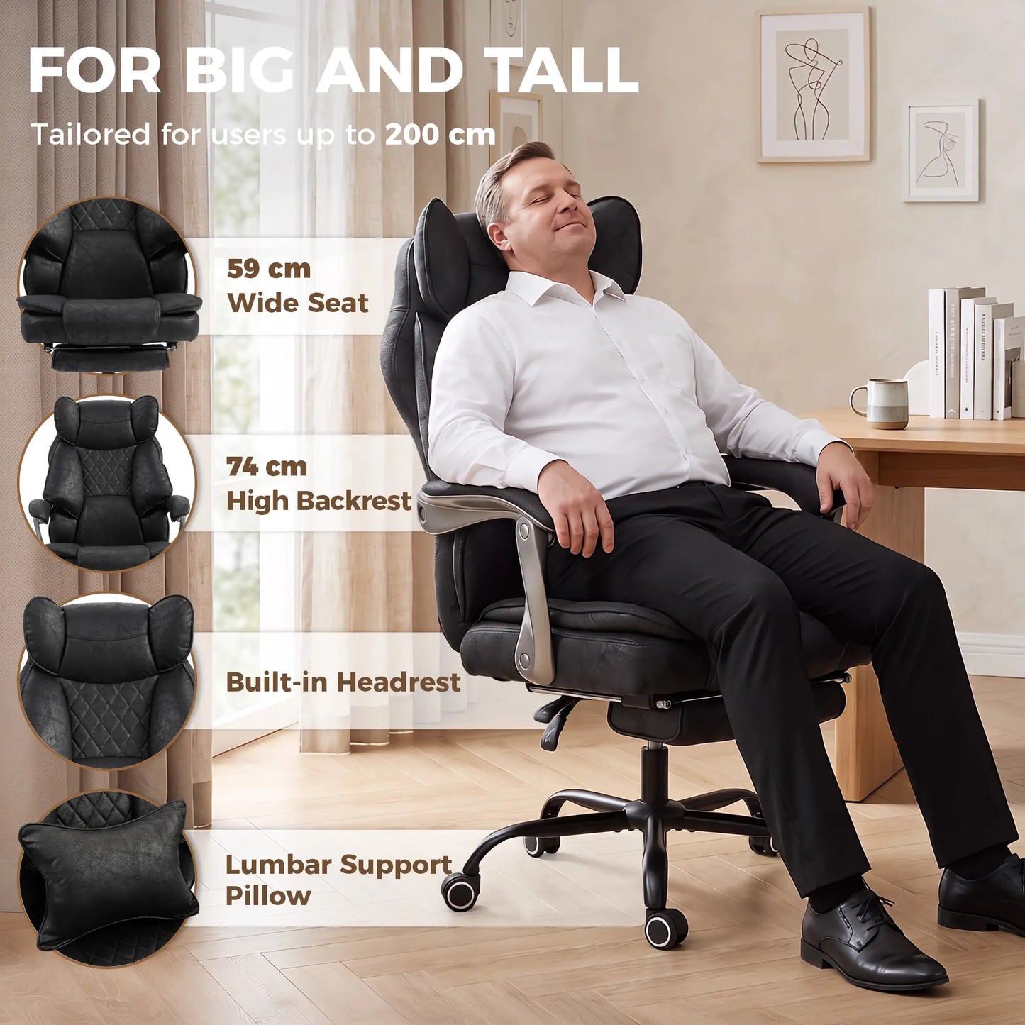 Big & Tall Office Chair 400 Lbs, Reclining, Lumbar Support, Black