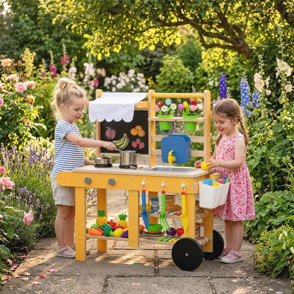 Kids Mud Kitchen With Wheels, Wooden Play Kitchen With Sink, Storage, Planting Pots, Blackboard, Yellow Play Kitchen at Gallery Canada