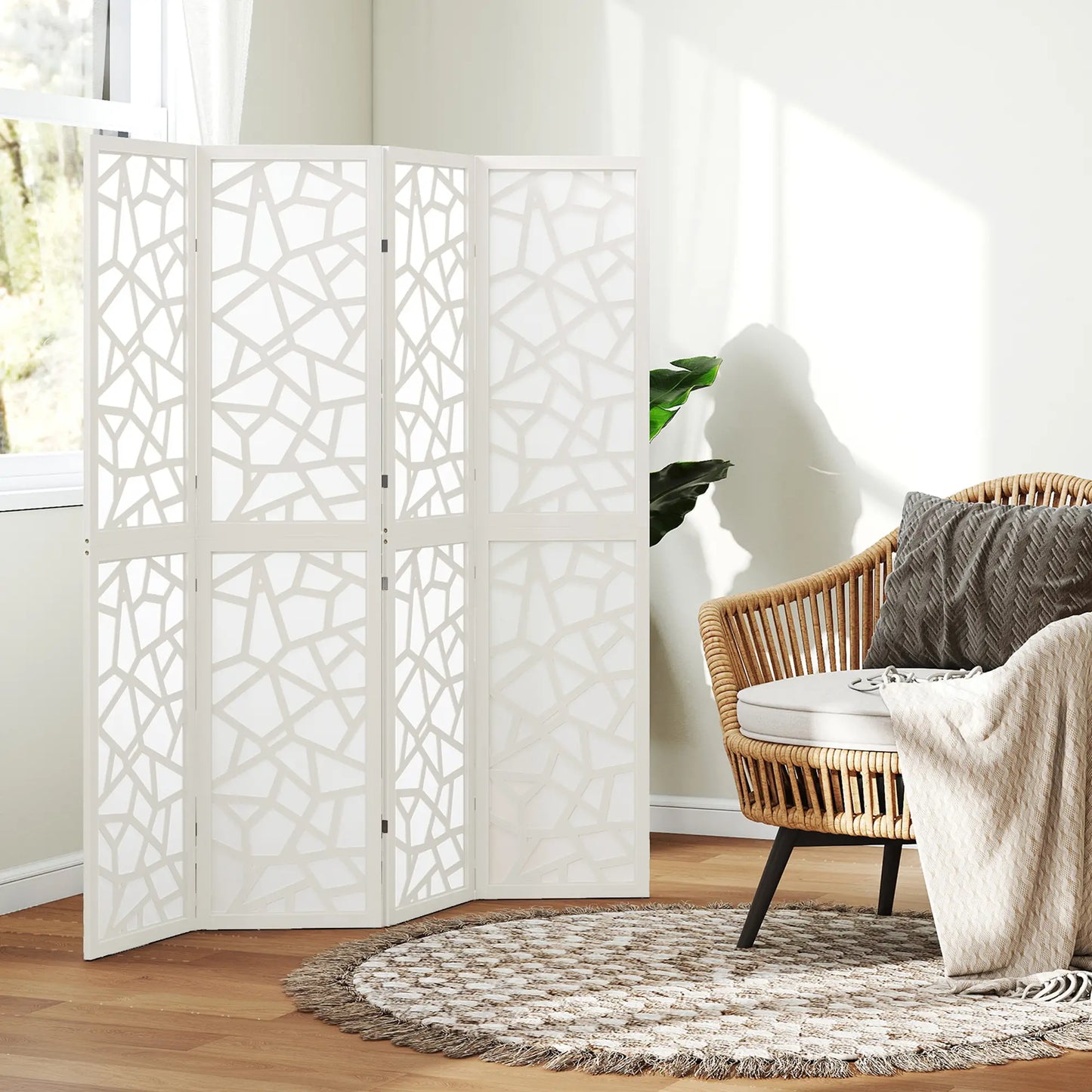 4 Panel Room Divider, 5.6 FT Geometric Pattern Privacy Screen, White Room Dividers at Gallery Canada