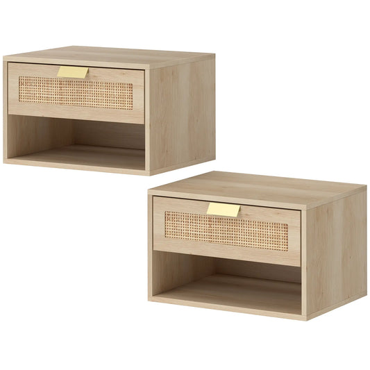 Floating Bedside Table Set of 2, Wall Mount Nordic Nightstands with Storage Drawer and Open Shelf for Bedroom, Oak Bedside Tables Oak at Gallery Canada