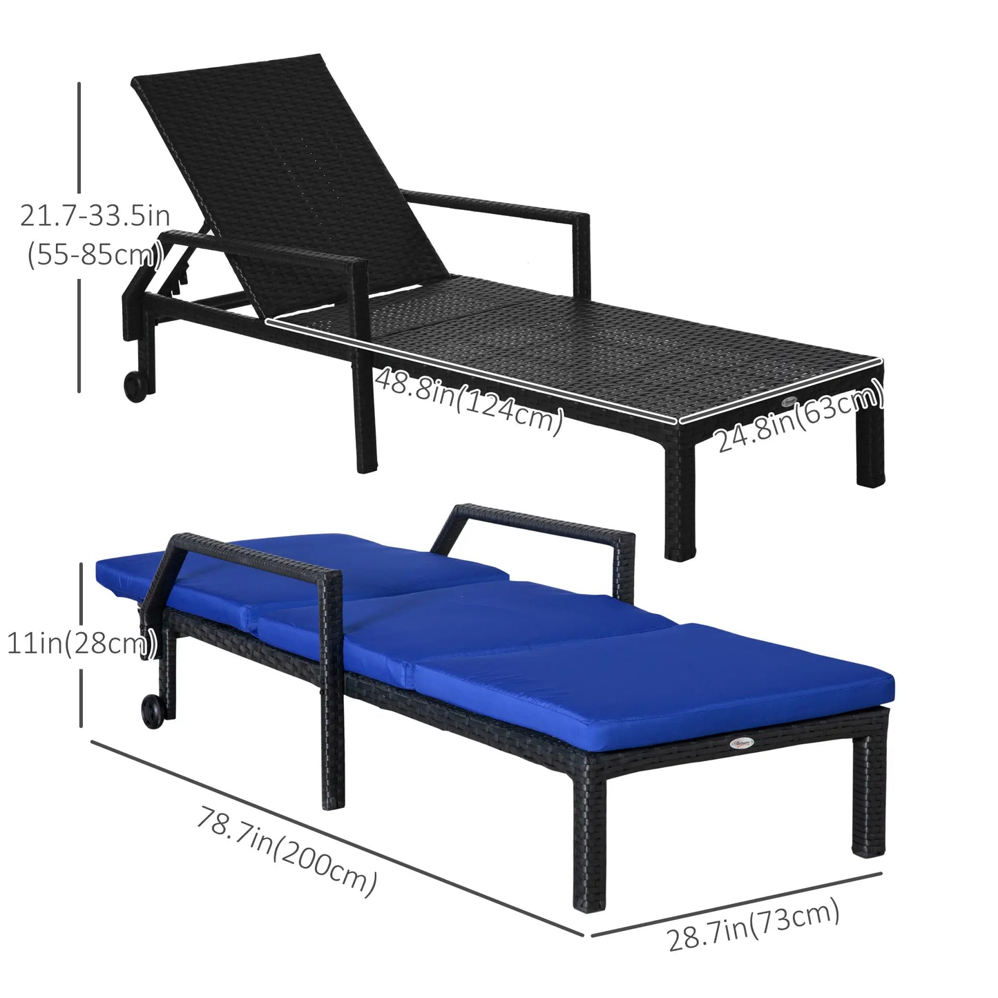 PE Rattan Chaise Lounger, Outdoor Recliner, 5-Level Backrest, 2 Wheels, Dark Blue Chaise Loungers at Gallery Canada