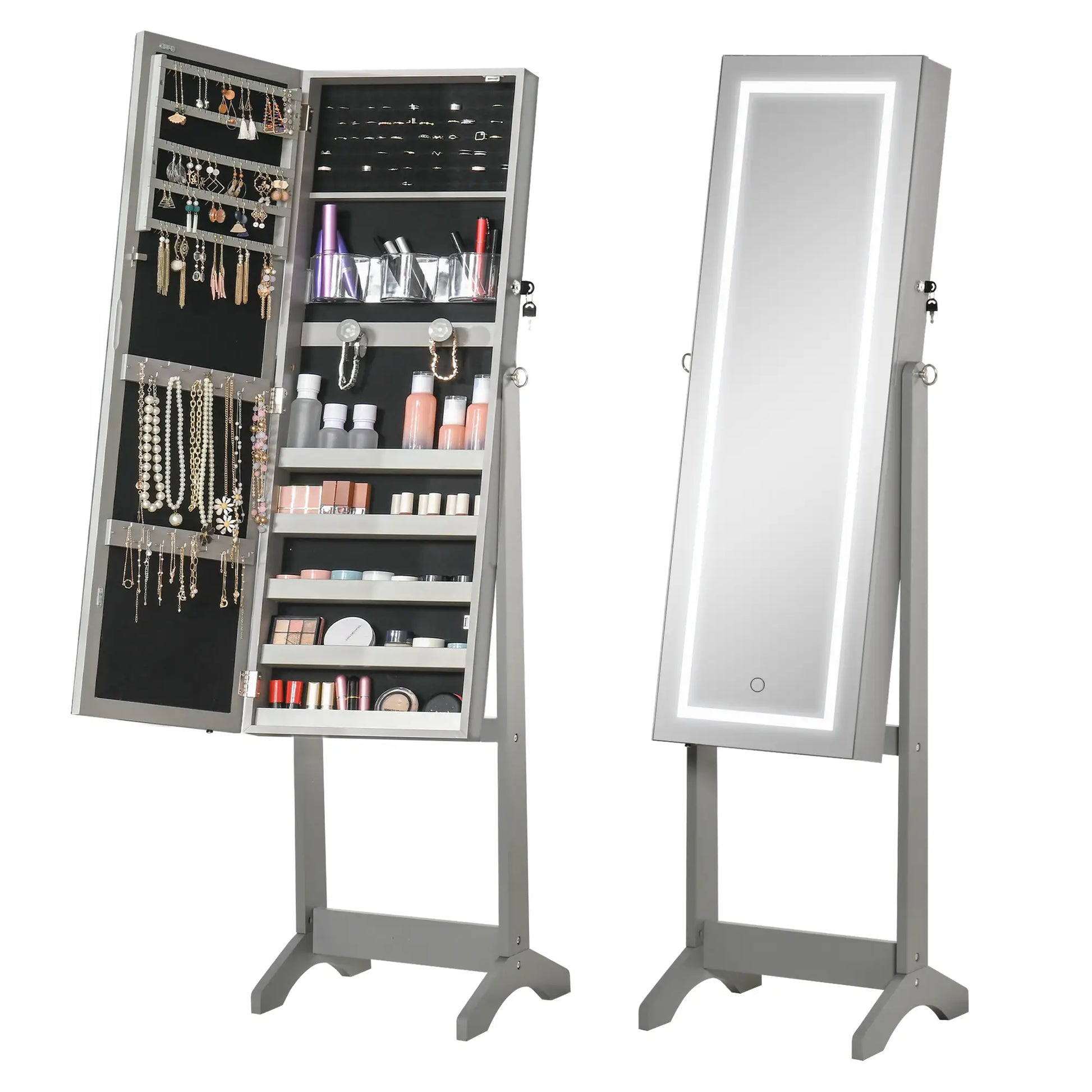 Lockable Jewelry Armoire with LED Light, Standing Mirror, Grey Jewelry Armoire & Jewellery Mirror Cabinets at Gallery Canada