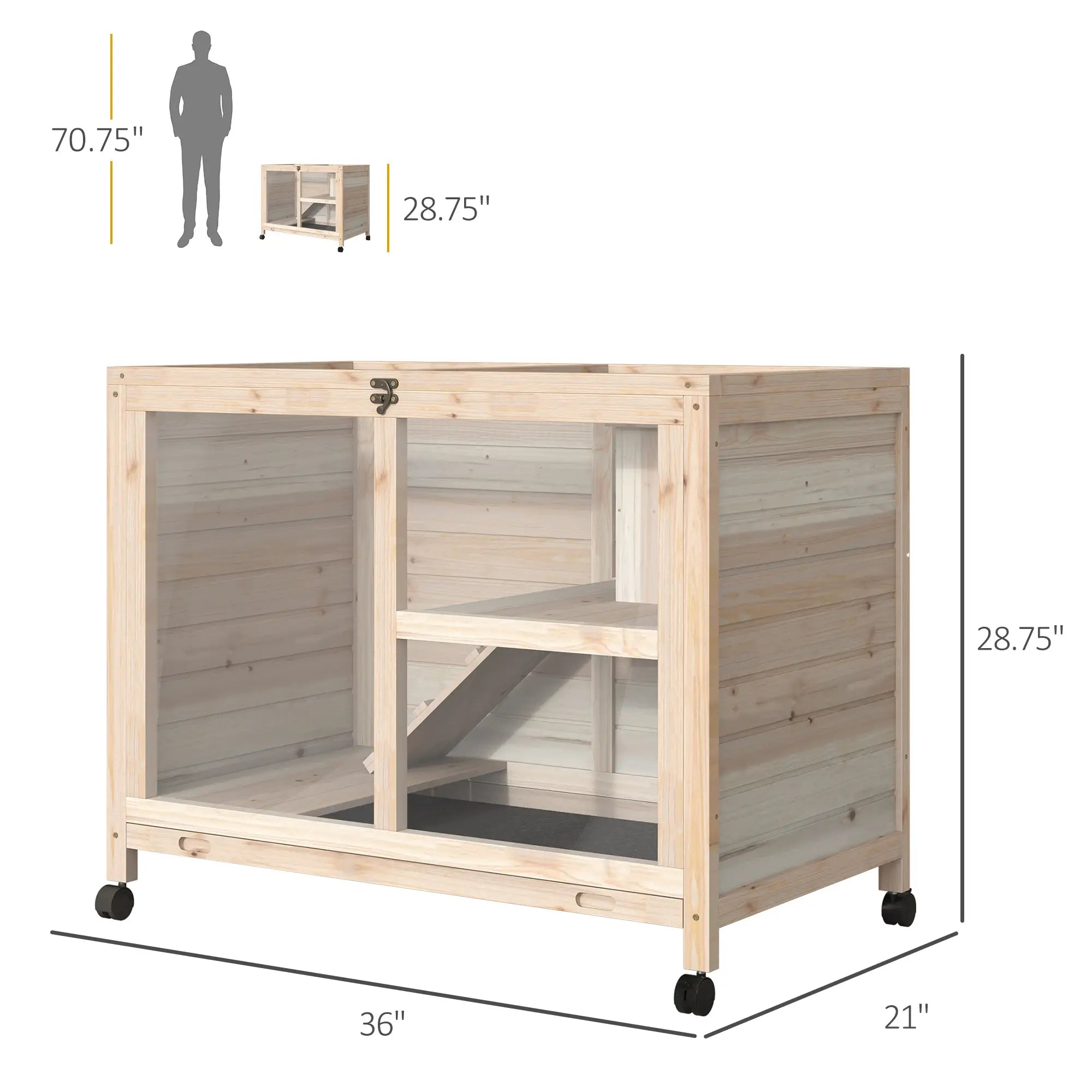 Indoor Rabbit Hutch with Wheels, Guinea Pig Cage, Top Access, Ramp, Pull Out Tray, Natural Wood Rabbit Hutch at Gallery Canada