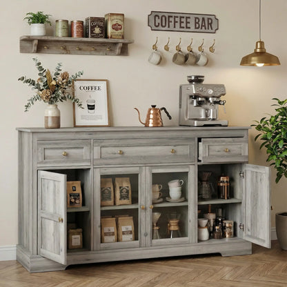 Sideboard Buffet Cabinet, Coffee Bar with Glass Doors, Adjustable Shelves, Weathered Grey Oak, Grey Bar Cabinets at Gallery Canada
