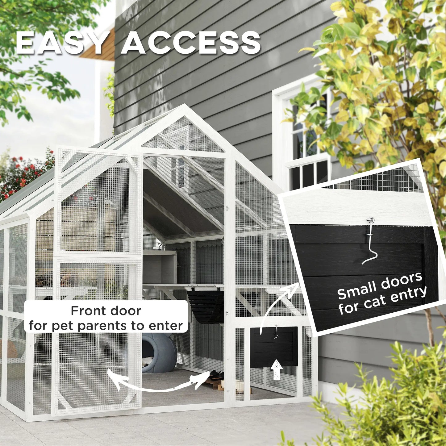 Outdoor Cat Enclosure, Wooden Feral Cat House, Weatherproof Canopy