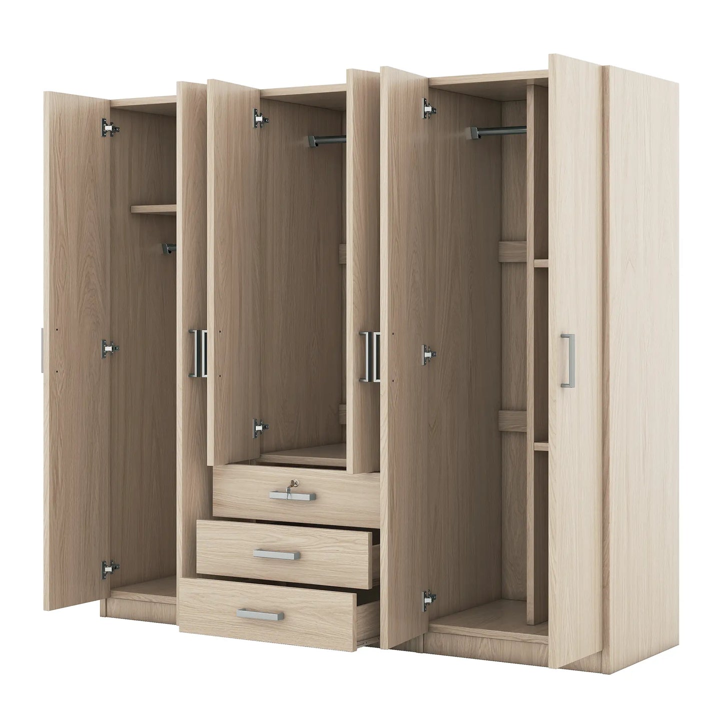 Wooden Wardrobe, 3 Drawers, MDF, Silver Handles, 71" L x 19" W x 68" H, Natural Clothing Storage at Gallery Canada