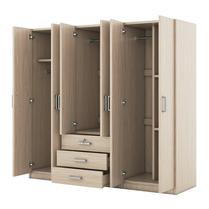 Wooden Wardrobe, 3 Drawers, MDF, Silver Handles, 71" L x 19" W x 68" H, Natural Clothing Storage at Gallery Canada