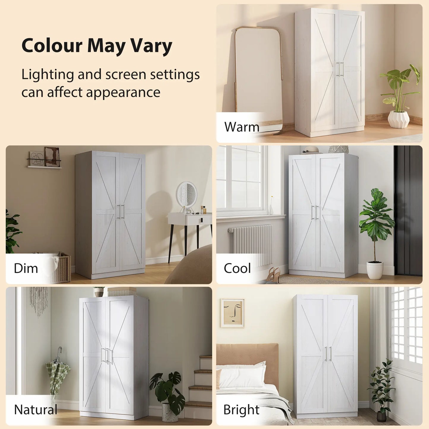 Farmhouse Armoire Wardrobe, 2 Barn Doors, White Wood Effect, White