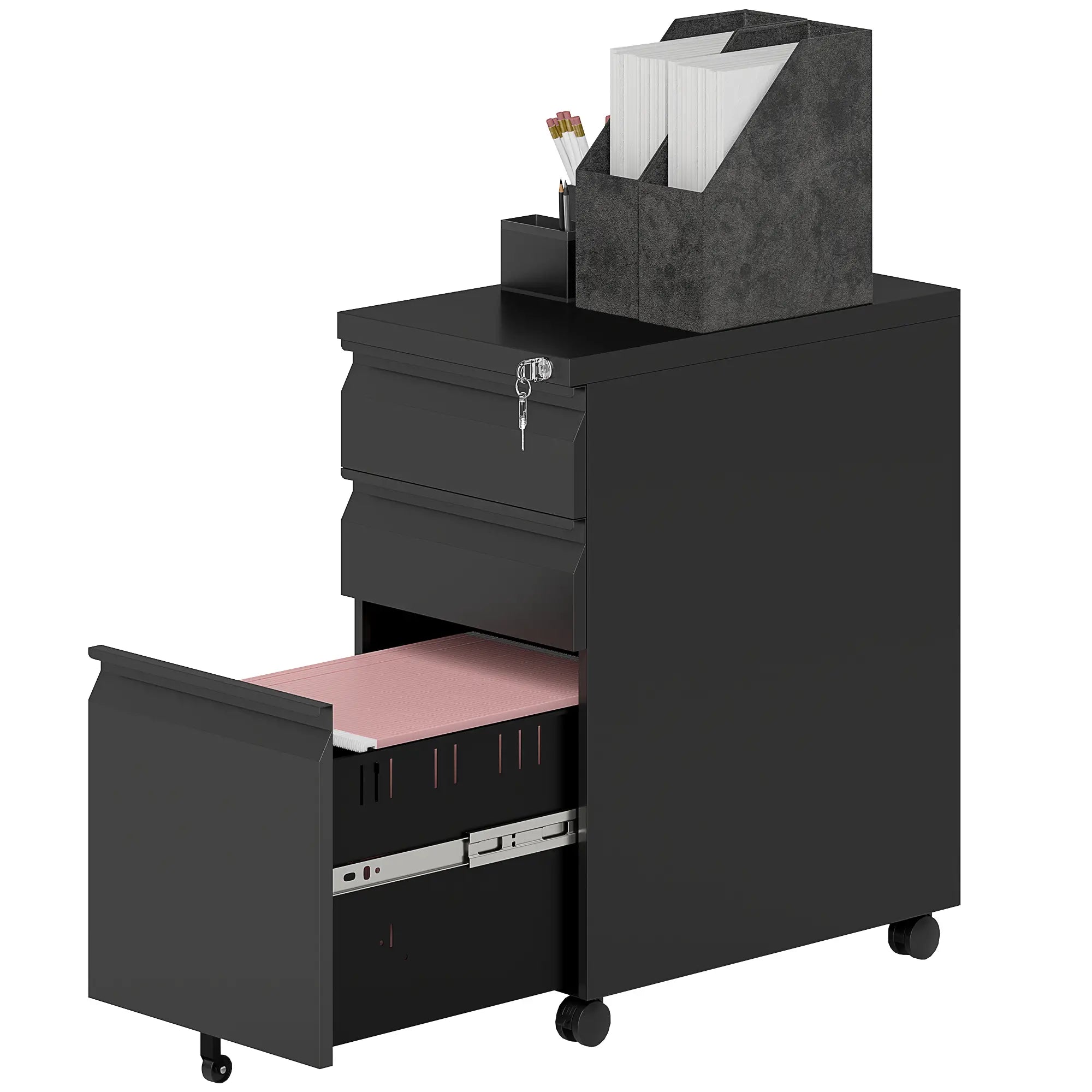 3 Drawer Filing Cabinet with Lock, Steel Office Storage, Black Office Cabinets & Cupboards Black at Gallery Canada