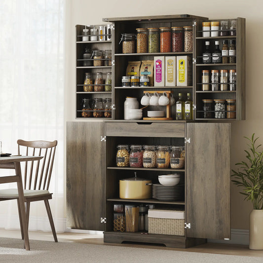 72 Inch Kitchen Pantry Cabinet, Farmhouse Storage with 4 Doors, Drawer, Grey Kitchen Pantry Cabinets Light Ivory Grey at Gallery Canada