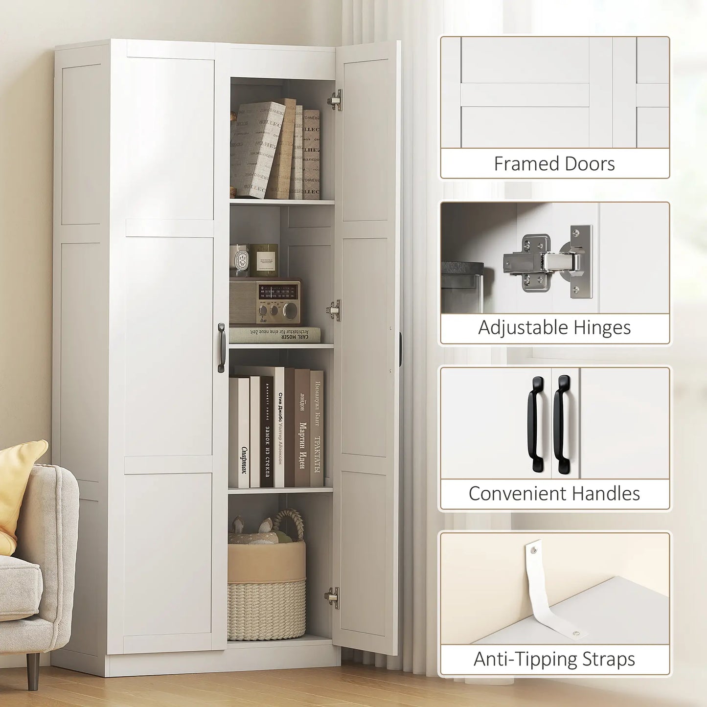 Farmhouse Pantry Cabinet, 71" Tall, Adjustable Shelves, Soft-Close Hinges, White Kitchen Pantry Cabinets at Gallery Canada