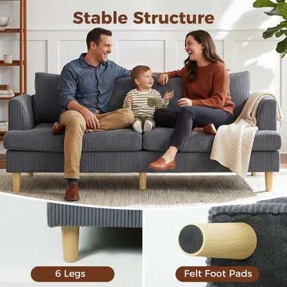 3 Seater Sofa, 74" Corduroy Couch, Solid Wood Legs, Dark Grey 3-Seater Sofas at Gallery Canada