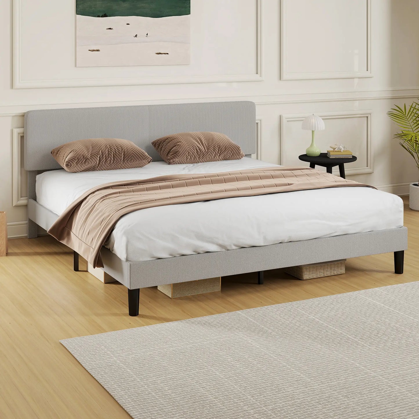 King Size Bed Frame, Adjustable Upholstered Headboard, Wood Slat Support, Light Grey Bed Frames at Gallery Canada