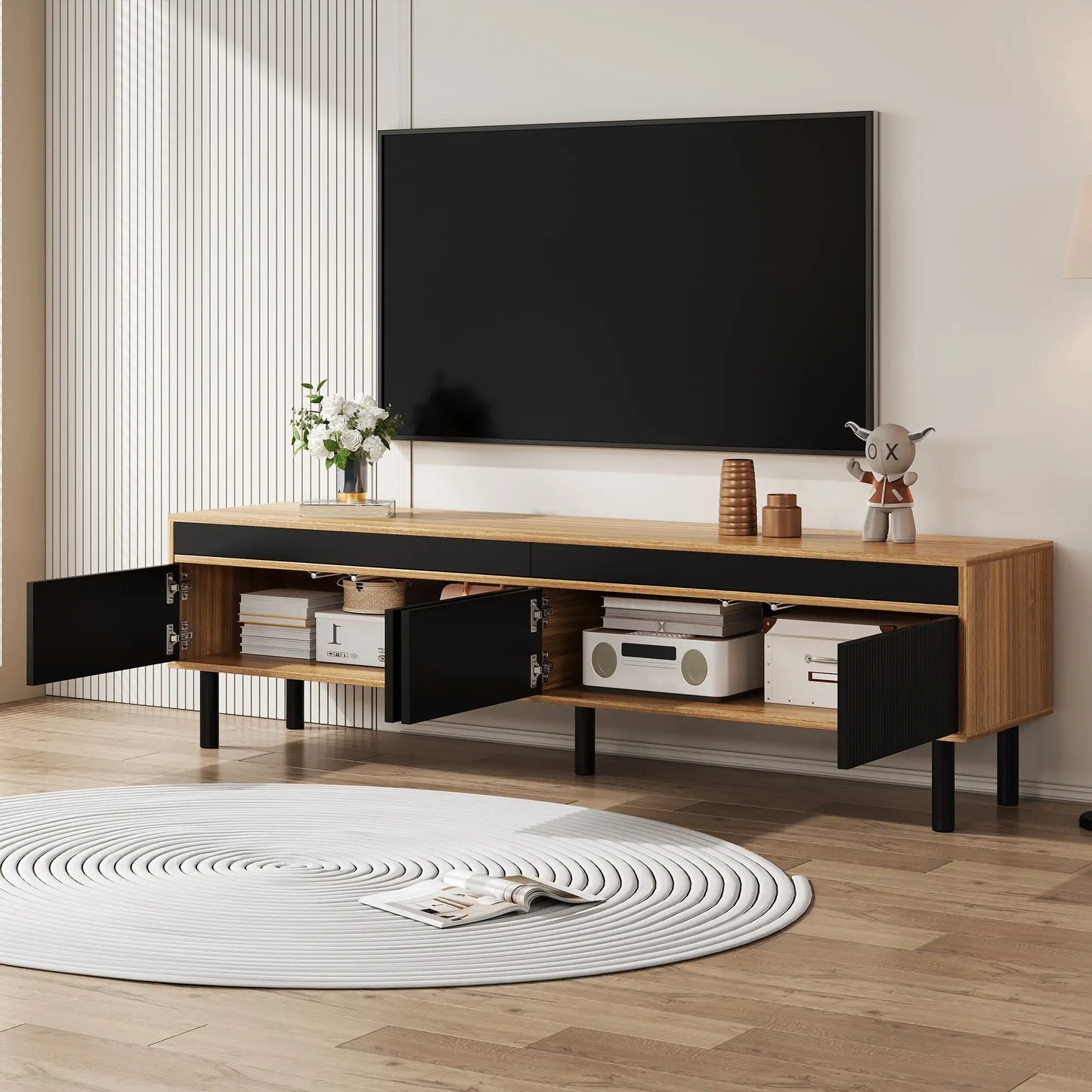 Elegant Stripe Design Stand, Sturdy Wooden Legs, 3 Doors, 67" L x 15" W x 18.5" H, Natural, Black TV Stands at Gallery Canada
