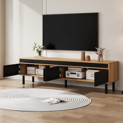 Elegant Stripe Design Stand, Sturdy Wooden Legs, 3 Doors, 67" L x 15" W x 18.5" H, Natural, Black TV Stands at Gallery Canada