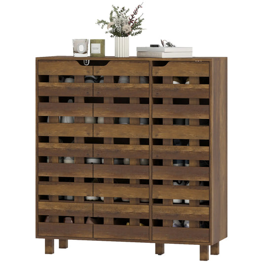 Shoe Cabinet, 21 Pair Storage, Hollowed-Out Doors, Distressed Brown