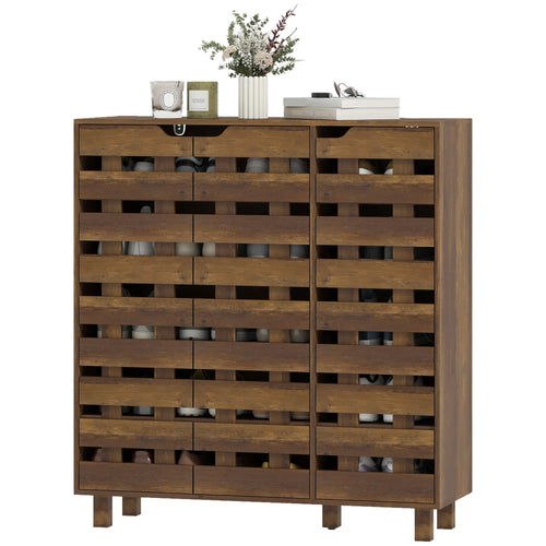 Shoe Cabinet, 21 Pair Storage, Hollowed-Out Doors, Distressed Brown