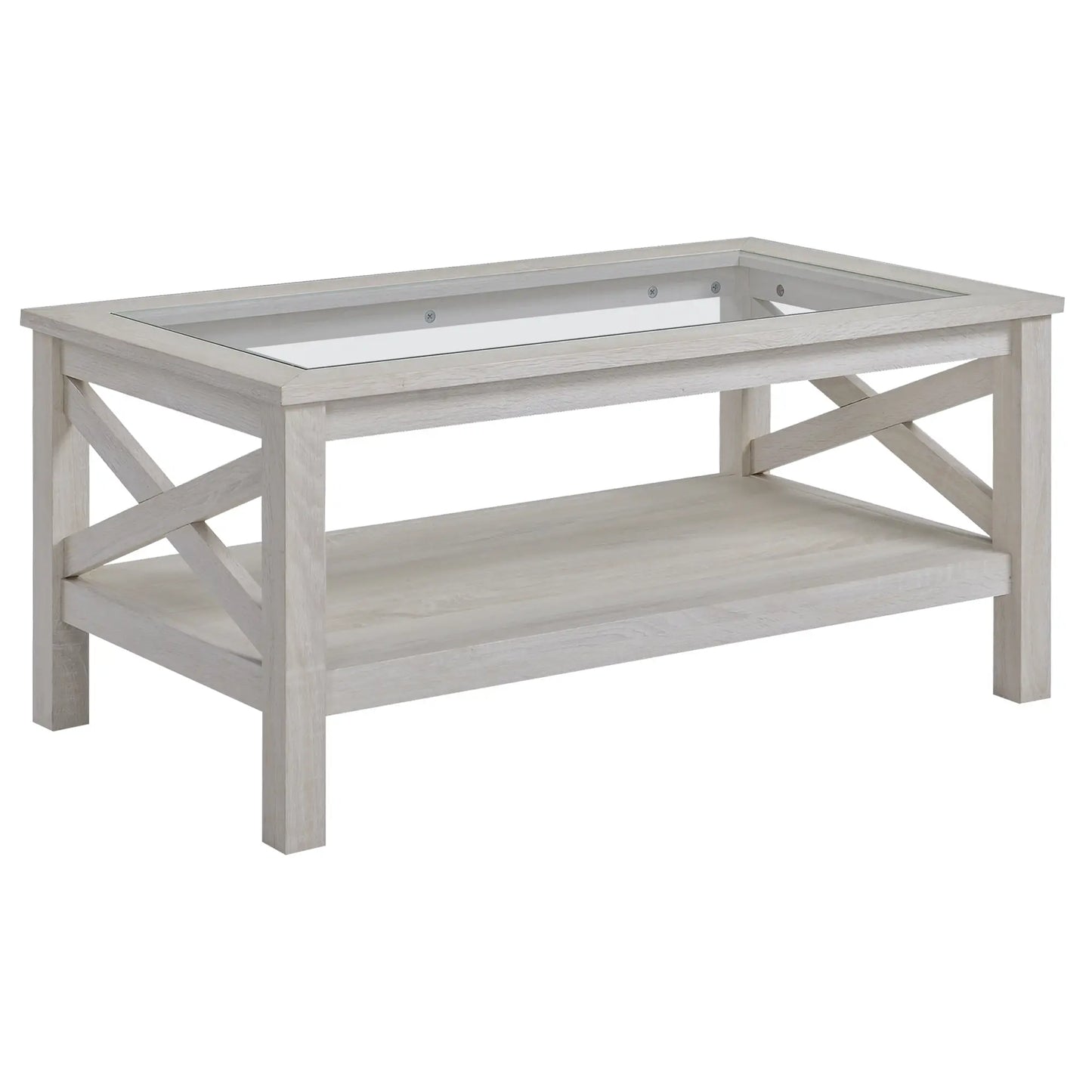 Farmhouse Coffee Table, Tempered Glass Top, 2-Tier with Storage Shelf Coffee Tables White Oak at Gallery Canada