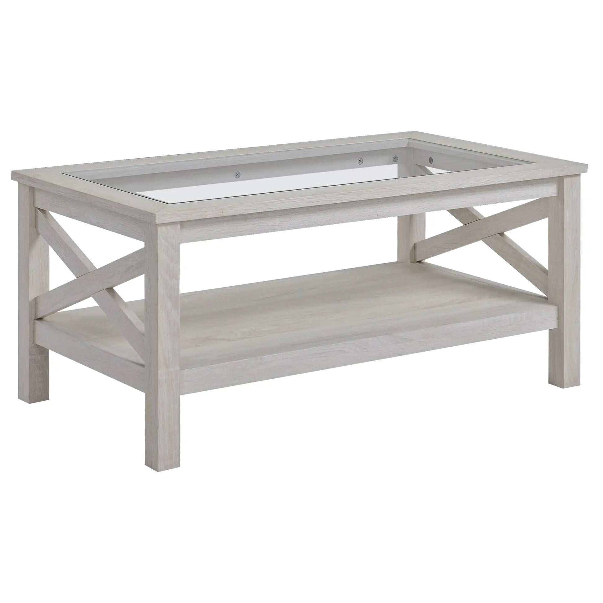 Farmhouse Coffee Table, Tempered Glass Top, 2-Tier with Storage Shelf Coffee Tables White Oak at Gallery Canada
