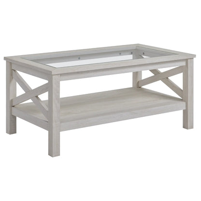 Farmhouse Coffee Table, Tempered Glass Top, 2-Tier with Storage Shelf Coffee Tables White Oak at Gallery Canada