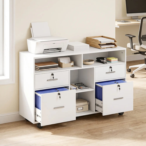 File Cabinet, Locking Drawers, Open Shelves, 5 Casters, White