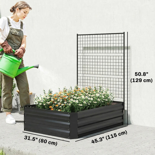 Galvanized Raised Garden Bed With Trellis, Open Bottom Planter Box, Black