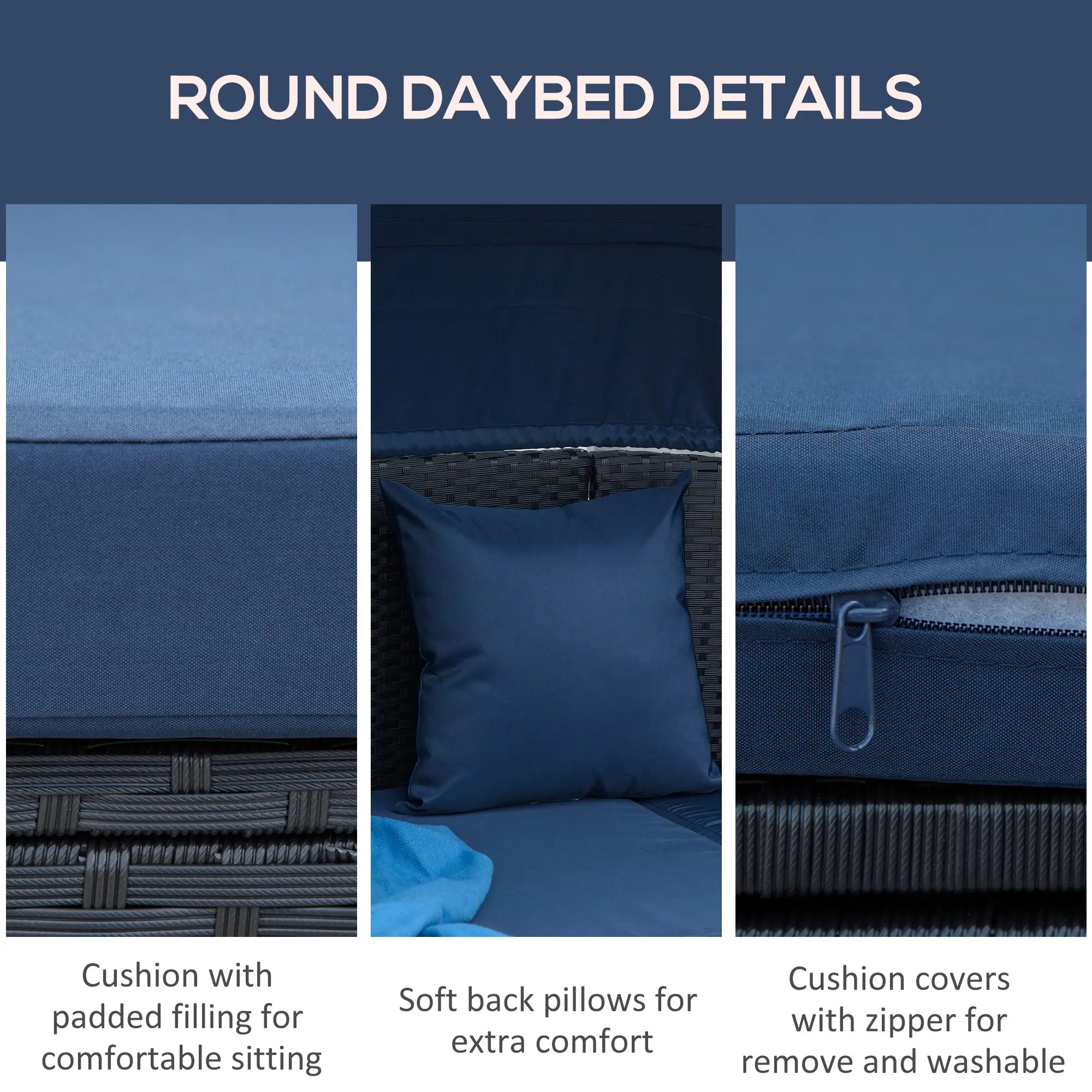 4-Piece PE Wicker Round Daybed, Outdoor Rattan Lounge Set, Dark Blue Daybeds at Gallery Canada