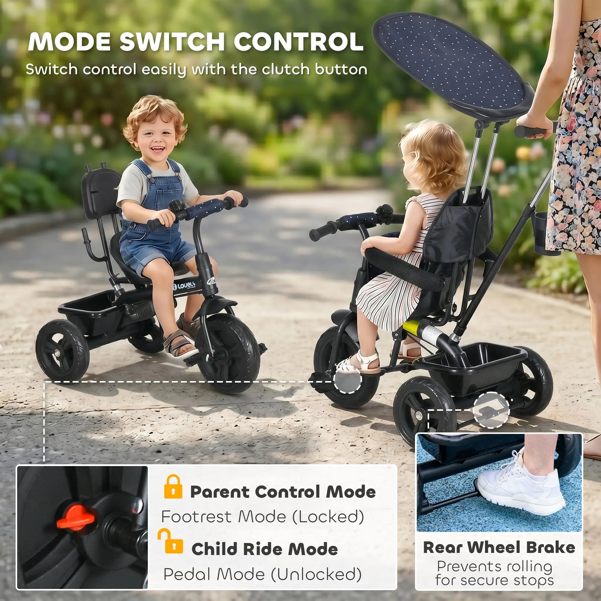 6 in 1 Kids Tricycle, Removable Handlebar, Canopy, Navy Blue Tricycles for Kids at Gallery Canada