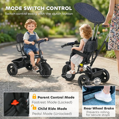 6 in 1 Kids Tricycle, Removable Handlebar, Canopy, Navy Blue Tricycles for Kids at Gallery Canada