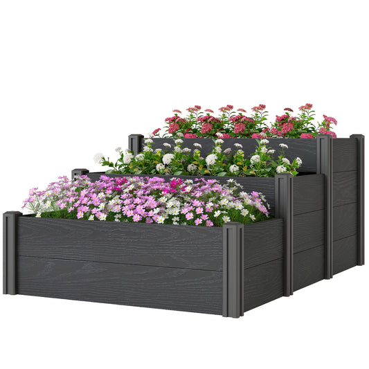 Vinyl Raised Garden Bed Kit, 3-Tier Elevated Garden Box, Outdoor Planter Wooden Planter Boxes Grey Wood Effect at Gallery Canada