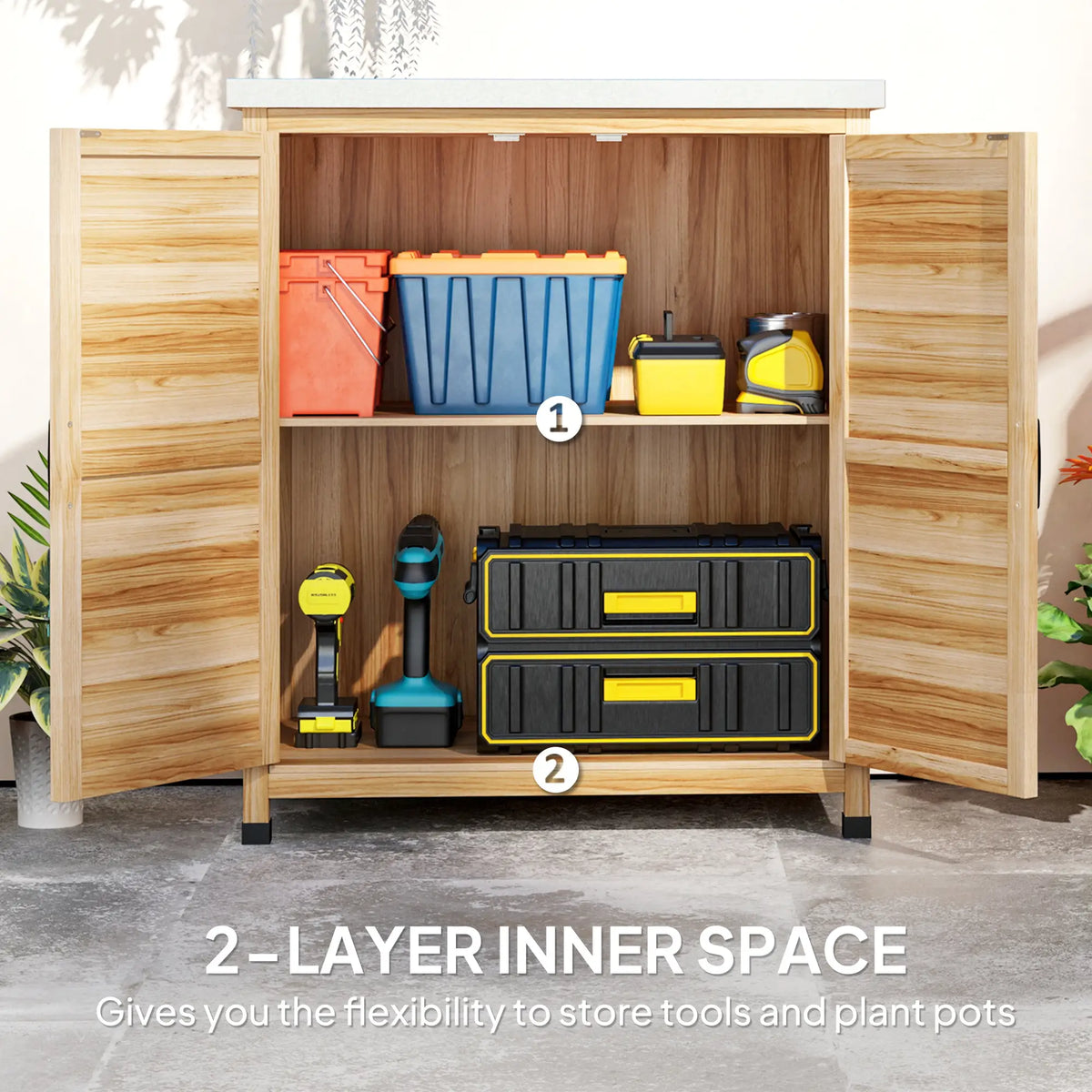 Outdoor Potting Bench Table, Metal Tabletop, Shelf, Double Doors, Natural Sheds at Gallery Canada
