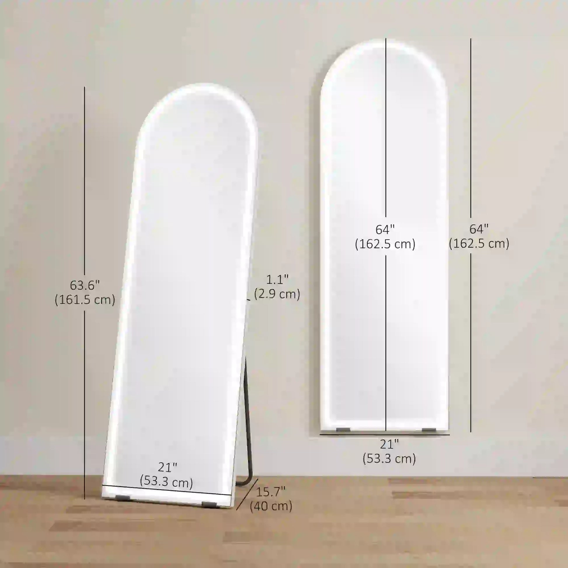 Free Standing Mirror, Dimmable 3 Color LED Lights, 64" x 21", Silver Full Length Mirrors at Gallery Canada