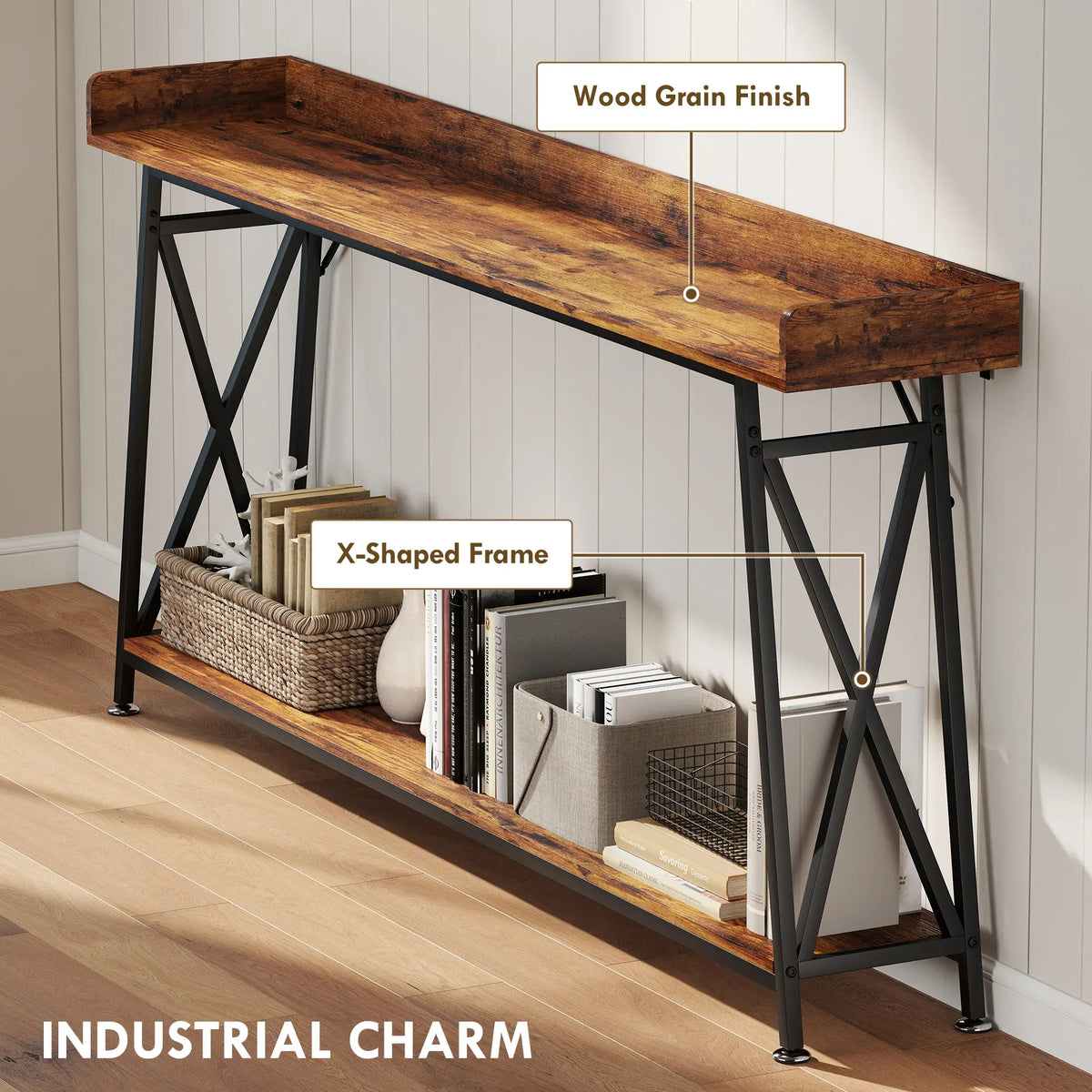 71 Inch Extra Long Console Table with Storage Shelf, Rustic Brown Console Tables at Gallery Canada