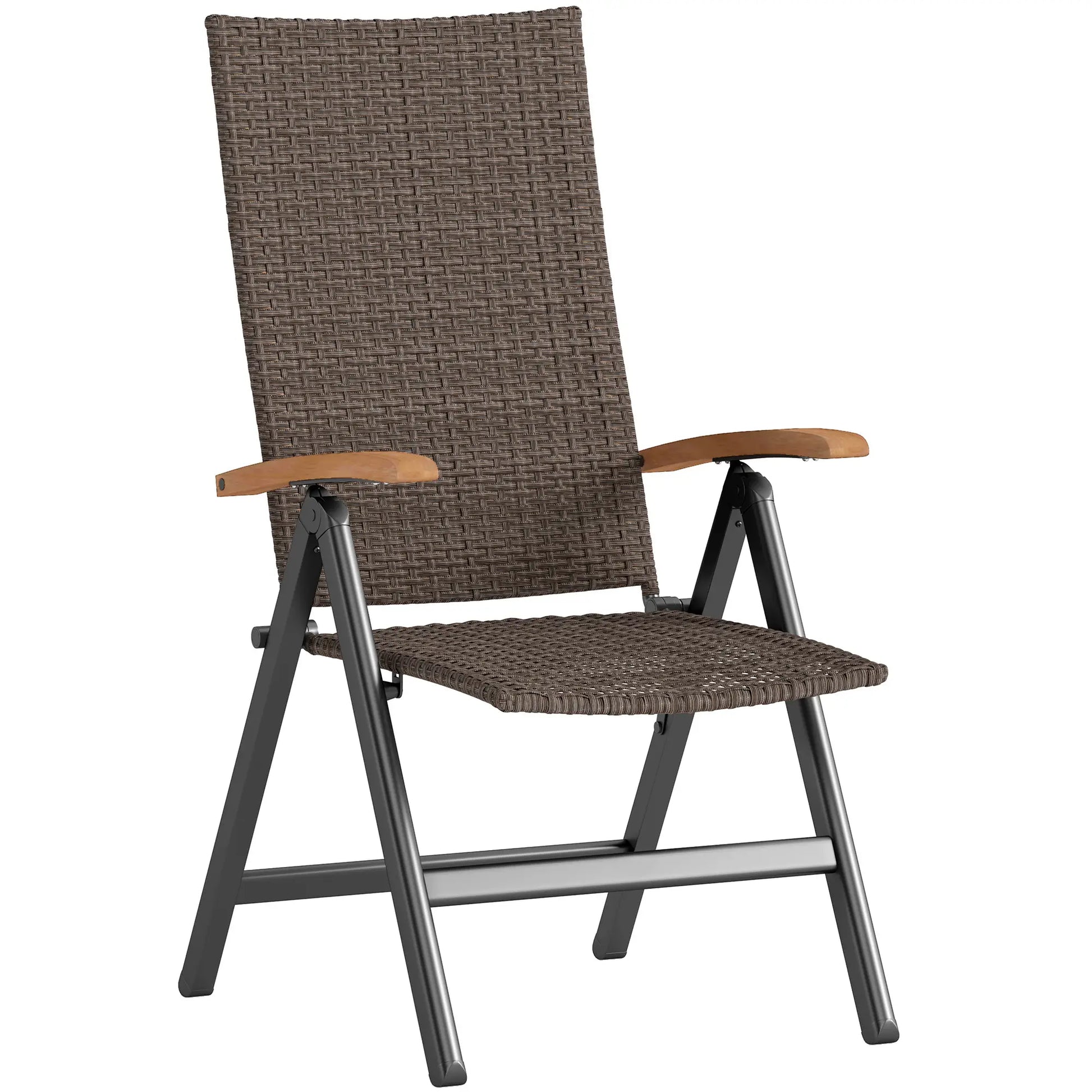 Folding Wicker Patio Dining Chair, 5-Level Reclining, Wooden Armrests, Brown Patio Chairs at Gallery Canada