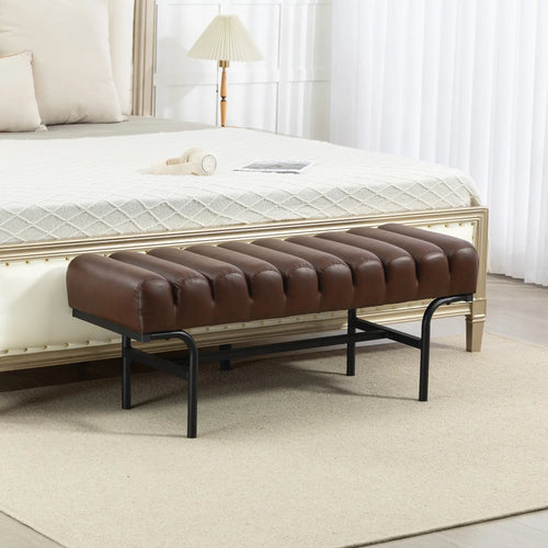 PU Leather Bed Bench, Cylindrical Seat, Metal Legs, Brown