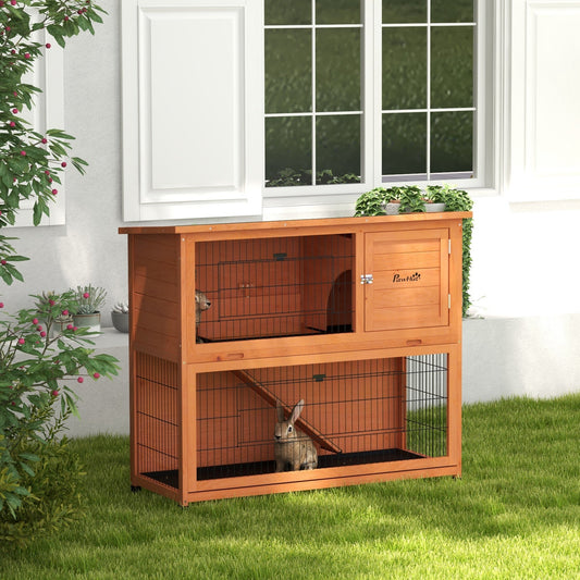 Wooden Rabbit Hutch with Trays, Ramp, Asphalt Roof, Doors for 1-2 Rabbits, 47" x 20" x 40", Orange - Gallery Canada