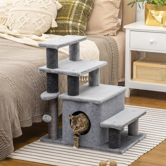 Cat Stairs Pet Steps for Couch Bed with Scratching Posts Condo Ball Toy, 23.6" x 15.7" x 26", Grey - Gallery Canada