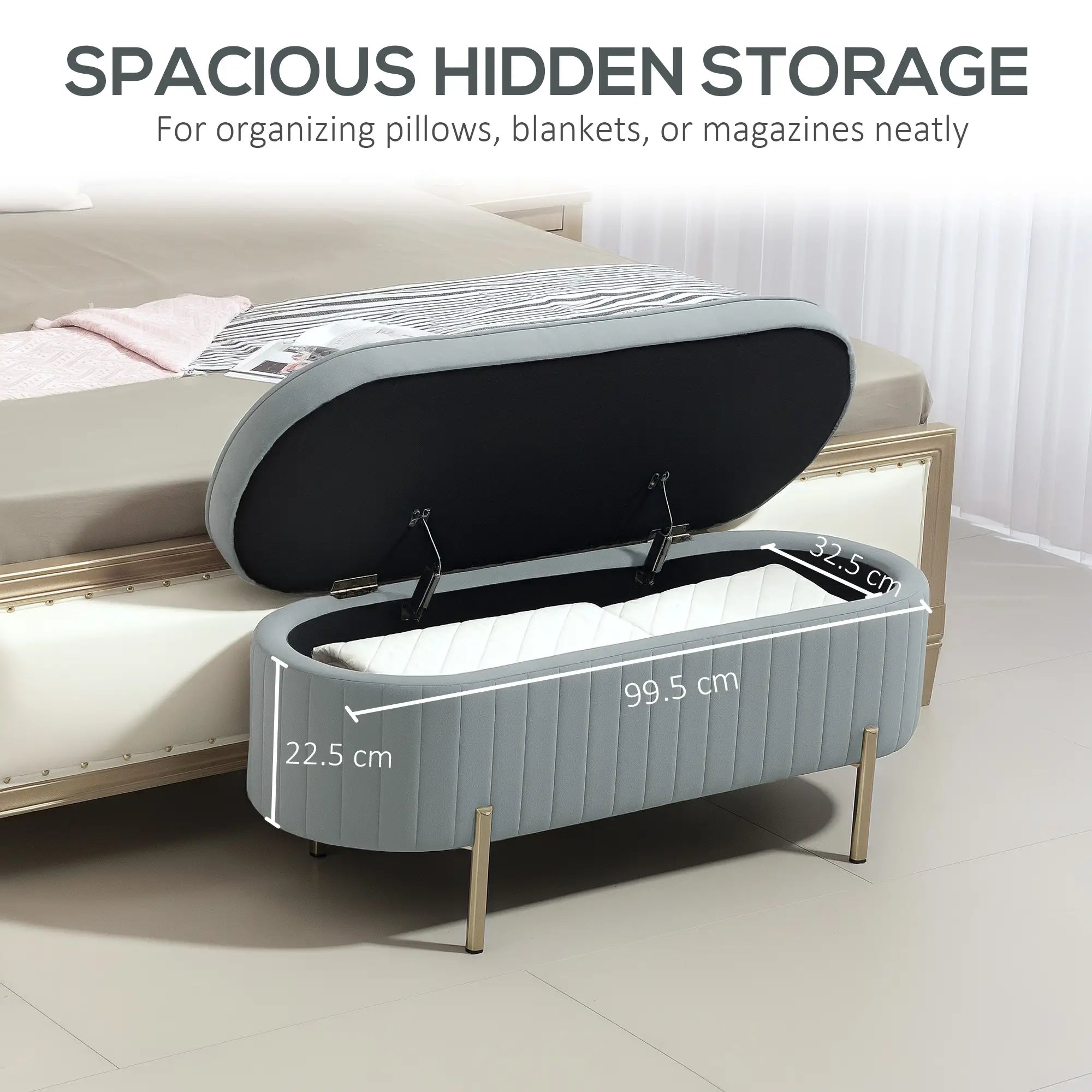 Upholstered Channel Tufted Ottoman Bench, Thick Padding, Metal Legs, Grey Storage Ottomans & Benches at Gallery Canada