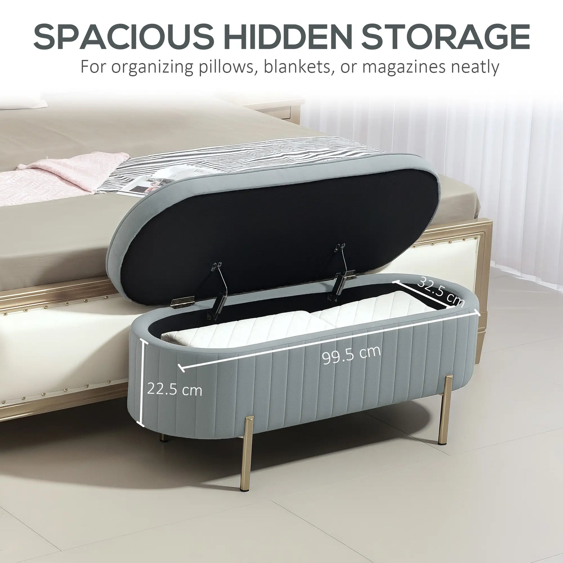 Upholstered Channel Tufted Ottoman Bench, Thick Padding, Metal Legs, Grey Storage Ottomans & Benches at Gallery Canada