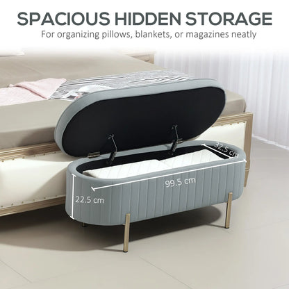 Upholstered Channel Tufted Ottoman Bench, Thick Padding, Metal Legs, Grey Storage Ottomans & Benches at Gallery Canada